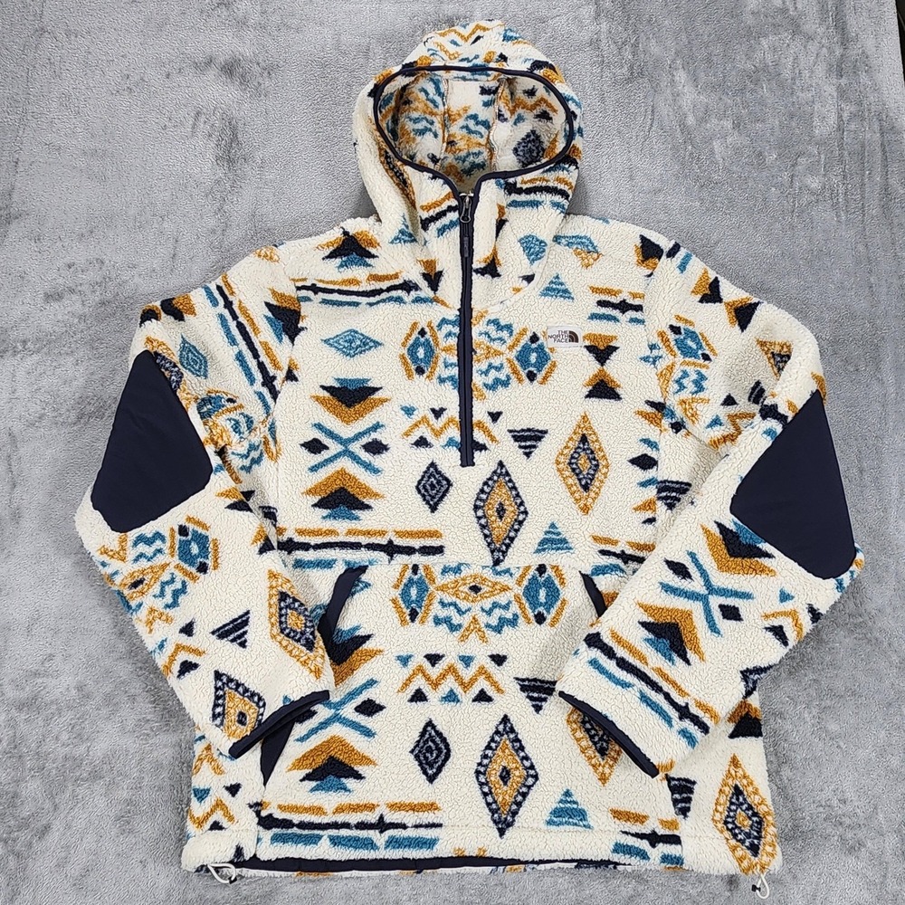 The North Face Hoodie Mens Large White Aztec Sherpa Fleece 1/4 Zip Pullover